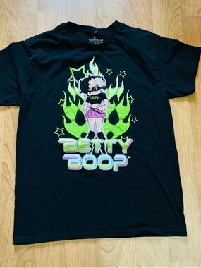 Betty Boop Black Tee with Neon Green Flame Graphic